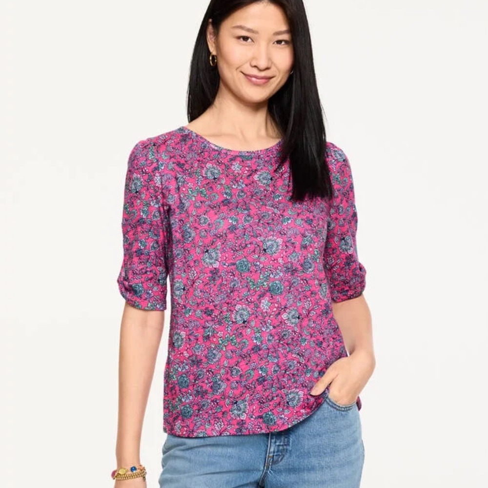 Talbots Elbow Sleeve Knot Top Jumping Jacobean Pink Floral Plus 2X NWT Boho Tee